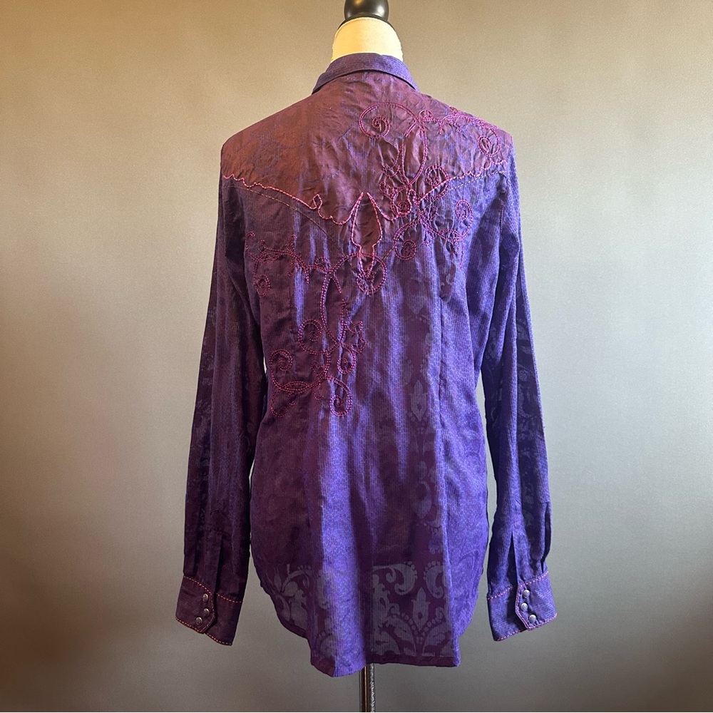 Women's Wrangler Snap Button Embroidered Sheer Shirt Purple Pink Sz M - Picture 9 of 12